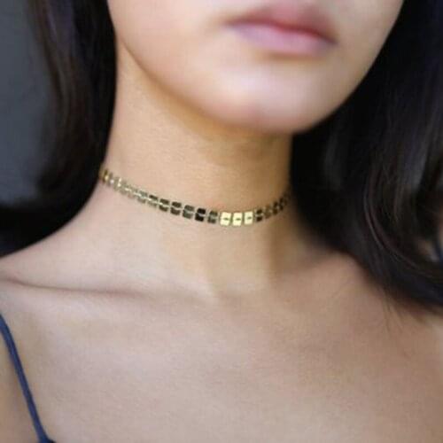 Delicate Glazed Square Sequins Choker Necklace for Women Ladies Punk Vintage Geometric Chocker Necklace Jewelry Kolye YN1516