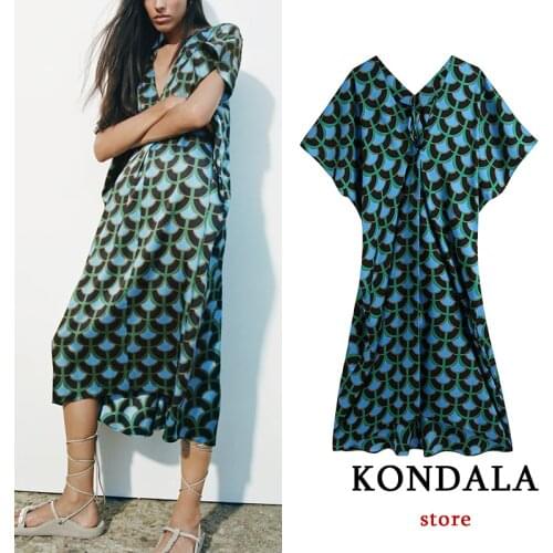 KONDALA Women Chic Vintage Geometric Print Loose Pleated Midi Dress Za 2021 Short Sleeve Summer Loose Long Dress Elegant Vestido