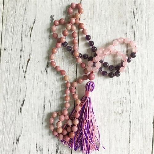 108 Mala Beads Necklace Purple Quartz & RoseQuartz & Rhodonite Necklace Tassel Necklaces Meditation Jewelry Long Necklaces