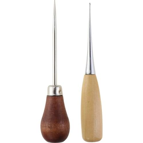 2PCS SKC Wooden Handle Awl Straight Cone Curved Cone Needle Drill Tool Leather Shoe Repair DIY Knitting Tool