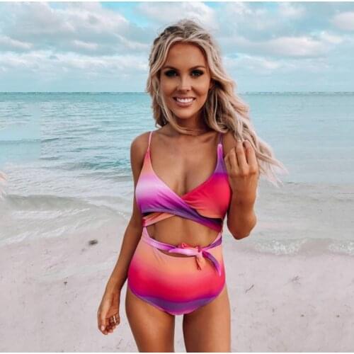 2021 Yiiciovy Womens Gradient Color One-piece Swimsuit Deep V-neck Front Hollowed High Waist Triangle Swimwear Sexy Monokini