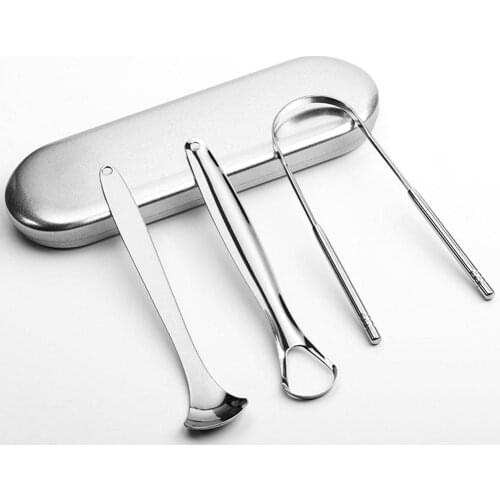 New 3 Pcs Tongue Cleaner With Travel Handy Case Steel Tongue Scraper Metal Brush Dental Kit Oral Care Dental Tool Adult