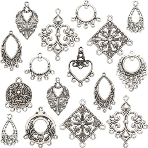 50pcs/set Tibetan Style Alloy Chandelier Components Links for Earrings Necklaces Making DIY Antique Silver Mixed Shapes