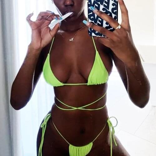 Bandage Bikini Set for Women Solid Color Micro Thong String Removable Swimwear Sexy Swimming Suits Beachwear Bathing Wear