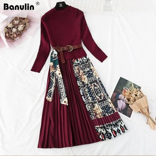 Banulin Autumn Winter Dress 2020 Elegant Long Midi Party Dress Warm Knitted Long Sleeve Slim Formal Pleated Dress with Belt