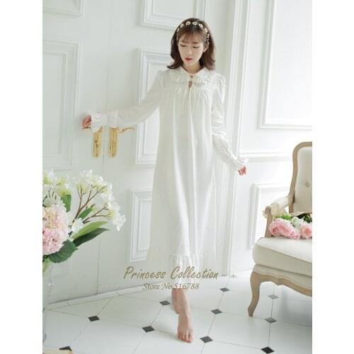 Free Shipping 2016 New Spring Princess Nightdress 100% Cottton Pijamas Womens Long Nightgown White Sleepwear
