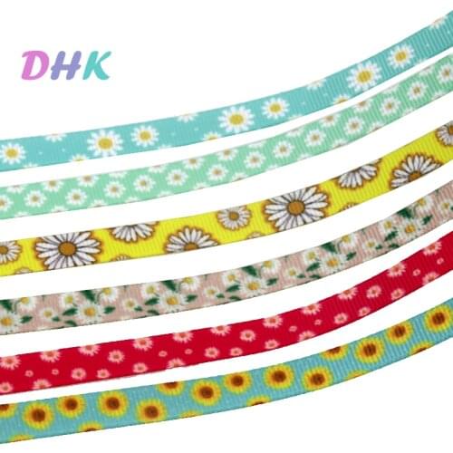 DHK 3/8'' 5yards Flower Chrysanthemum Sunflower printed grosgrain ribbon Accessory hairbow headwear DIY 9mm Decorations C1930