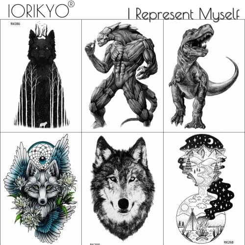 IORIKYO Strong Monster Temporary Tattoo Stickers Black Wolf Men DIY Waterproof Tattoo Body Arm Art Dinosaur Fake Tatoo Women Leg