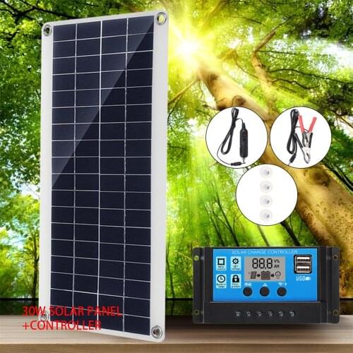 Solar Panel Set 30W Kit Controller Portable USB Generator System 12V 24V Electric Energy Power Charger Camping Board 10/20/30A