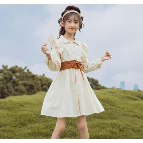 Korean version of the autumn style, big boy, girl, western style, little girl, belt style shirt dress, trendy fan