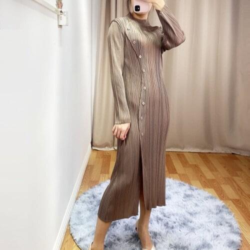 HOT SELLING Miyake fold fashion solid dress long sleeve half High collar Button dress IN STOCK