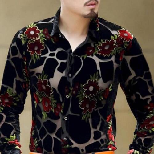 Spring Fall Fashion Men Flower Pattern Long Sleeve Velvet Shirt Blouse , Male Man 4xl Slim Rhinestone Hollow Out Blouses Shirts