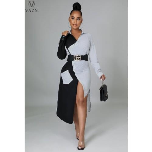 VAZN 2021 Spring Fashion New Street Casual Style Long Dresses Long Sleeve Lapel Dresses Stitching color Mid Long Dresses