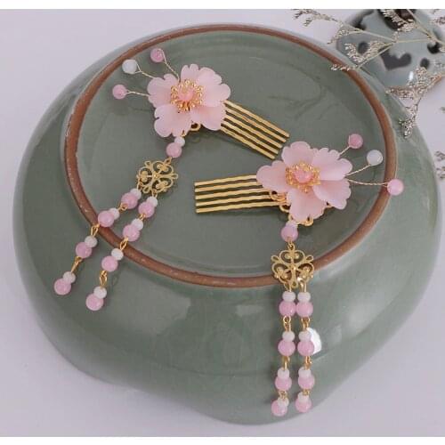 New Style Mini Vintage Retro Chinese Pink Gold Crystal Beads Long Tassels Flowers Hair Combs Bridal Bride Wedding Party Headwear