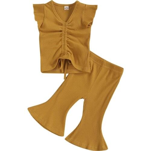 OPPERIAYA Kids Baby Girls Fashion 2-piece Summer lovely Outfit Set Bandage Fly Sleeve Solid Color Crop Tops Flared Pants Set