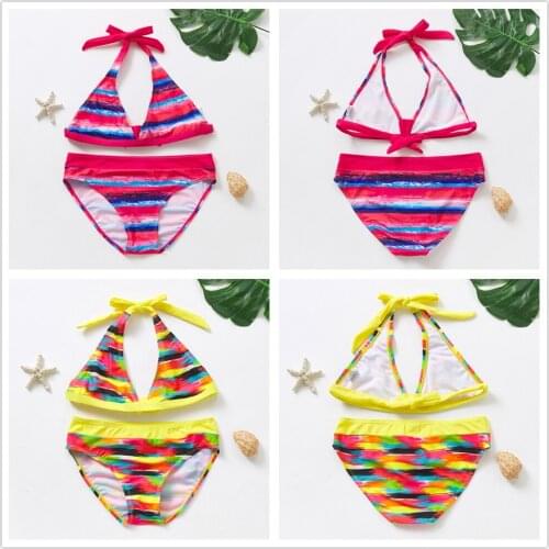 5-14 Years Girl Swimsuit Kids Colorful strip Bikini Teenage Girls Bikini Set Halter Top Girls Bathing Suits Childrens Swimwear