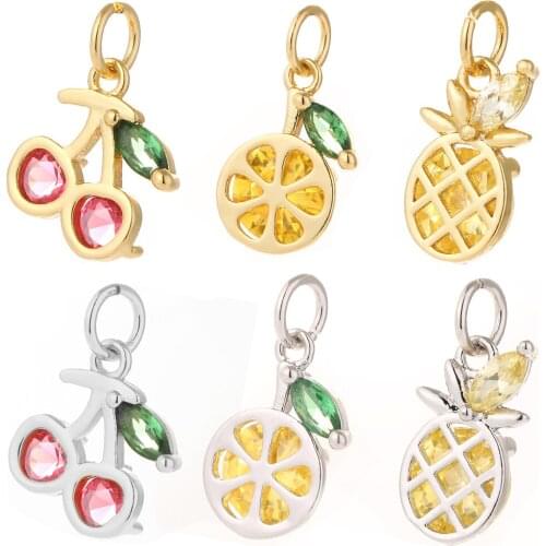 Cherry Charms for Earrings Making Supplies Fruit Pineapple Orange Metal Accessories Diy Necklace Jewelry Copper CZ Zircon