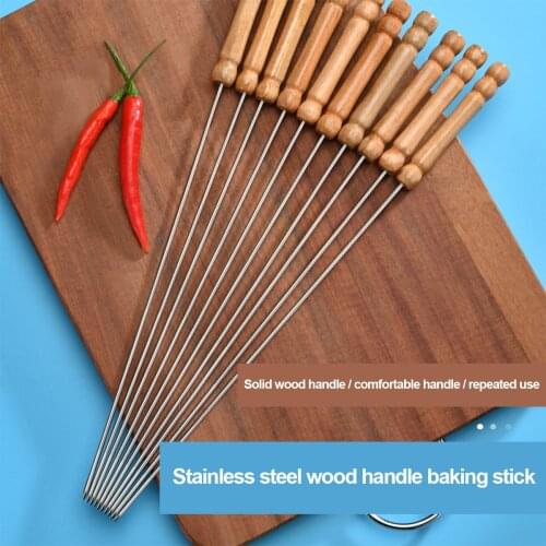 Barbecue Skewers with Wooden Handle Stainless Steel BBQ Roasting Sticks Needles for Grilling Camping Cooking