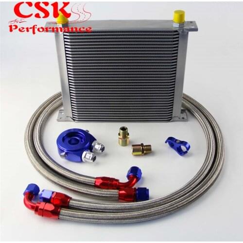 AN10 34Row 248mm Universal Engine Transmission Oil Cooler British Type + Aluminum Filter Hose End Kit Blue/Black