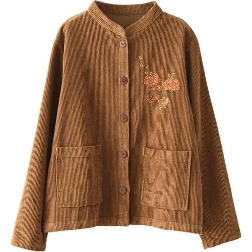 Collar Short Coats Vintage Embroidery Single Breasted Corduroy Jackets Spring Autumn Arts Style Women Long Sleeve Stand