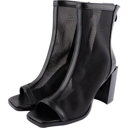 2021 Spring Autum New Design Women Ankle Boots Peep toe knitted Stretch Fabric Boots Sexy Cut-out Square high heels shoes Woman