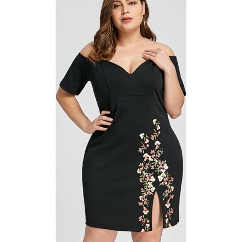 Off The Shoulder Women Bodycon Dresses Plus Size 5XL 4XL Side Slit Emboridery Knee Lenght Office Evening Party Robes 2021 New