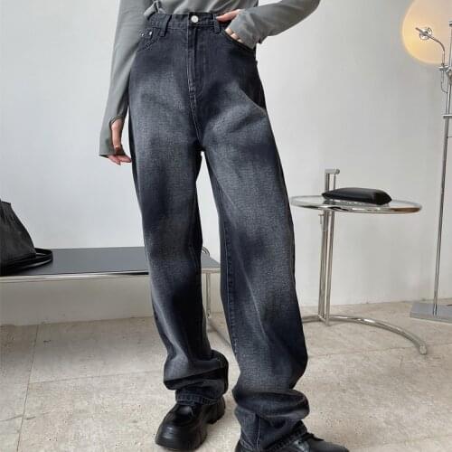 Spring and autumn womens casual solid color high-rise loose wide-leg jeans