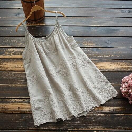 8740 New Summer Cotton Sling Dress Japan Style Literary Solid Color Embroidery Women Sleeveless Sling Dress