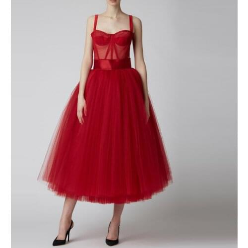 2020 Vestidos Red A-line Tulle Women Dresses Summer Modest Mid Calf Tulle Formal Party Dress Vestido De Mulher