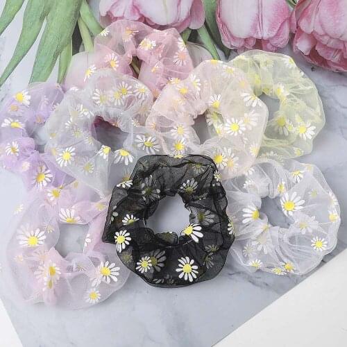 2021 Daisy Flowers Printing Large Mesh Scrunchies Girl Romantic Hair Rope Transparent Tulle Organza Hair Tie Hair Accessories