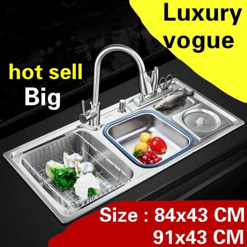 Free shipping Apartment luxury kitchen double groove sink durable 304 stainless steel vogue hot sell big 84x43/91x43 CM