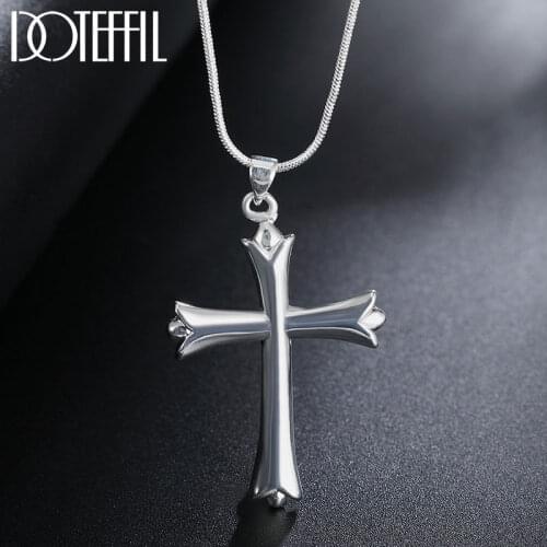 DOTEFFIL 925 Sterling Silver 18 Inch Snake Chain Cross Pendant Necklace For Women Man Fashion Wedding Party Charm Jewelry