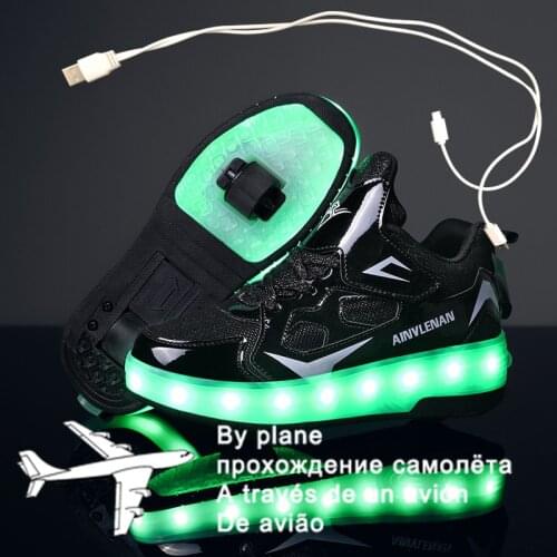 Children Two Wheels Luminous Glowing Sneakers Black Pink Red Led Light Roller Skate Shoes Kids Led Shoes Boys Girls USB Charging