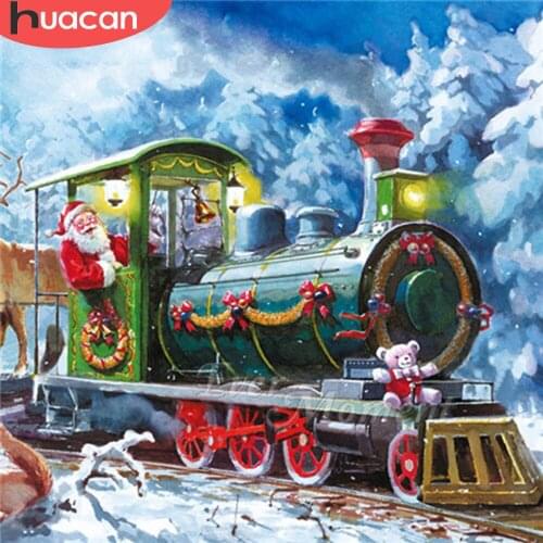 HUACAN Diamond Painting Train Picture Of Rhinestone Diamond Embroidery Winter Mosaic Landscape Christmas Decorations