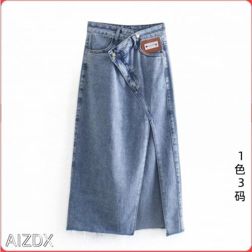 Summer new 2021 high-waisted irregularly velvelled open forked denim skirt DLZK143