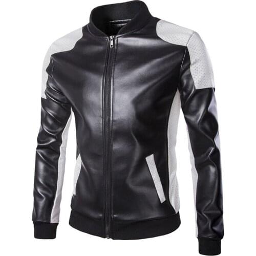 Mens Stand-up Collar Black and White Color Casual Leather Jacket 2021 New Fashion Youth Racing Suit Plus Size PU Leather Jacket