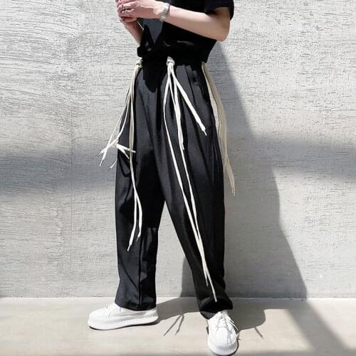Mens Black Long Trousers With Removable Shoelace Decor Straight Pants Solid D7