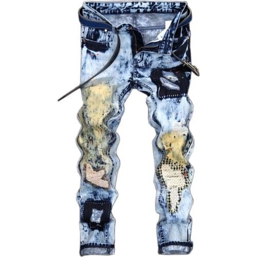 EVJSUSE original design mens jeans ink broken hole straight Slim jeans personality fight patch Denim pants wash casual jeans