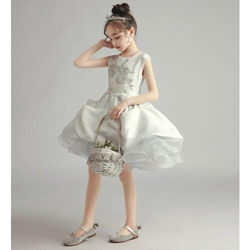 Flower Girl Dresses Illusion Appliques Embroidery O-Neck Sleeveless Princess Knee-Length Luxury White Cute Kids Party Gown H365