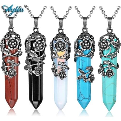 Ayliss Natural Stone Pendant Antique Flower Copper Wired Wrapped Crystal Stones Pendant Hexagonal Healing Reiki Pendant Necklace