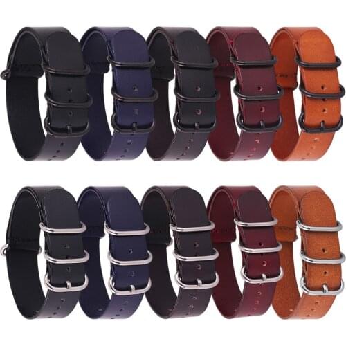 18mm 20mm 22mm 24mm NATO Leather ZULU Watchband Strap Men Women Silver Black Ring Buckle Wrist Bracelet Band Accessories