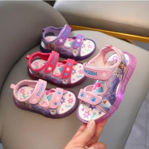 Disney Princess Sandals LED 2021 New Fashion Girls Frozen Elsa Shoes Sweet Bow Pearl Rhinestone Summer Sandals