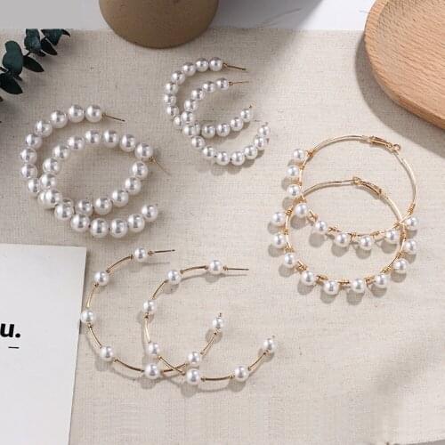 New Boho White Imitation Pearl Round Circle Hoop Earrings Women Gold Color Big Earings Korean Jewelry Brincos Statement Earrings