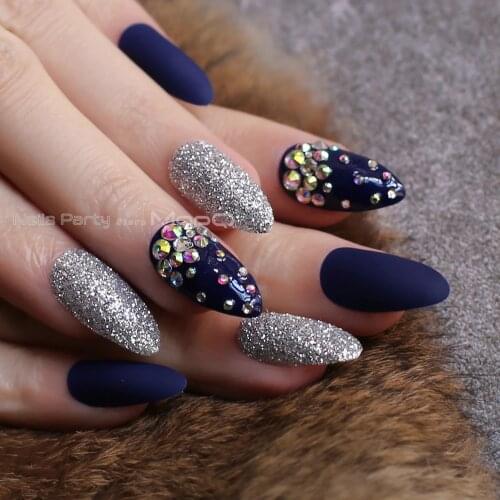 Blue Medium stiletto nails matte Burgundy false nails Design white pearl Rhinestone glitter nails Black Art design Shining
