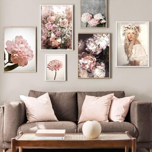 Girl Abstract Pink Peony Chrysanthemum Nordic Posters And Prints Wall Art Canvas Painting Wall Pictures For Living Room Decor