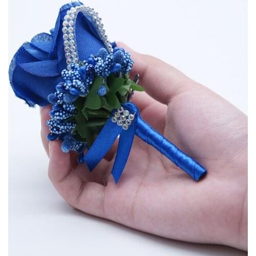 5Pieces/Bag Handmade Wedding Boutonniere Groom Groomsman Corsage Artificial Flower Royal Blue Silk Rose Mens Suit Brooch Flower
