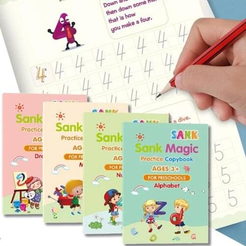 4 Books/Sets of Childrens Magic Books, Reusable 3D Calligraphy Copybooks, English Number Lettering Magic Practice Copybooks