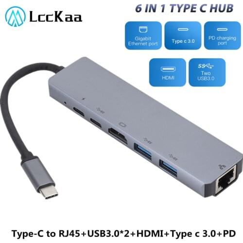 LccKaa 6 in 1 USB C Hub Multi USB Docking Hub Converter 2 USB 3.0 HDMI-compatible Type-C PD RJ45 Adapter Notebook Accessories