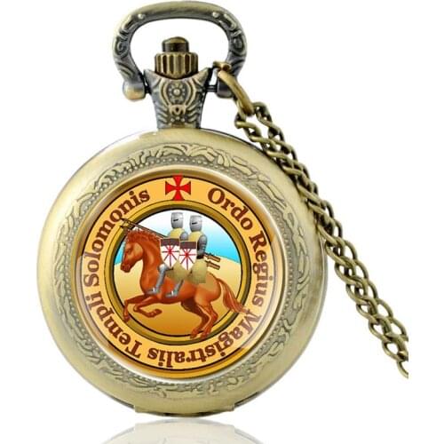 Vintage Romania knight Templar Cross Design Glass Cabochon Quartz Pocket Watch Retro Men Women Pendant Necklace Chain Clock