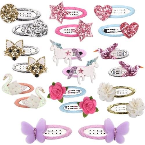 10Pairs Glitter Cartoon Unicorn Bird Butterfly Flower Kids Hairpins Cute Star Heart Girls Hair Clips BB Snap Clips Accessories